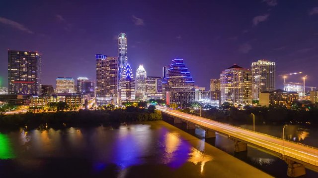 Austin, Texas, USA downtown skyline time lapse on the Colorado River.