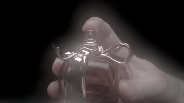 From perfume bottle, when the press by finger, the spirits fly straight into the camera. Slow motion, high speed camera, 250fps