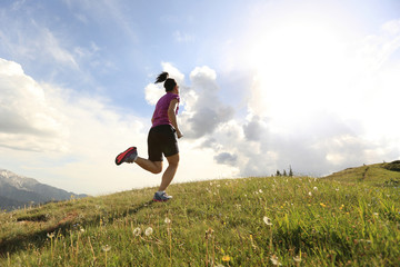 Fototapeta na wymiar healthy young woman trail runner running on beautiful mountain peak