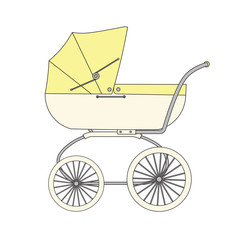 Fototapeta na wymiar Yellow cartoon children's stroller for a newborn baby.