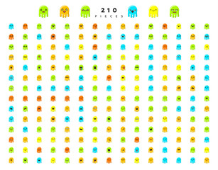 Monsters cute characters with doodle emotions, set isolated of 210 pieces sketch. Face smile, cartoon sea creatures. Design drawn icons.