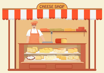 Cheese Shop. Man Seller. Store shelves with different kind of Cheese set. Parmesan mozarella swiss emmentaler cheddar gouda icons collection.