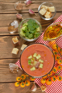 Cold soup gazpacho with yellow tomatoes