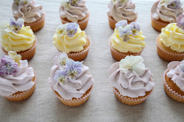 Obraz na płótnie Canvas Purple and yellow cupcakes with sugared edible flowers.