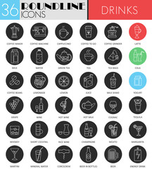 Vector Drink circle white black icon set. Tea, Alcohol, Juice, coffee drinks modern line black icon design for web.