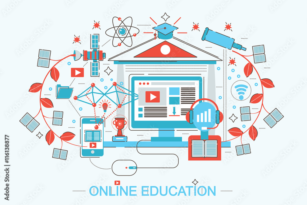 Poster modern flat thin line design distance online education and e-learning concept for web banner website