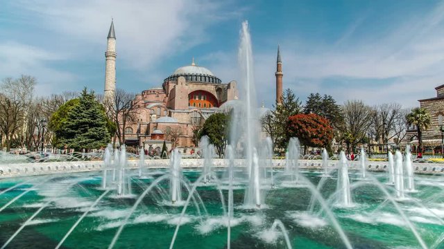 Hagia (Aya) Sophia - a historical monument in Istanbul.  Timelapse view