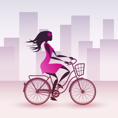 kobieta na rowerze wektor - obrazy, fototapety, plakaty