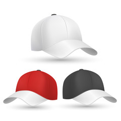 Baseball cap black, white and red vector templates. Cap for protection head from sun and illustration model cap for baseball