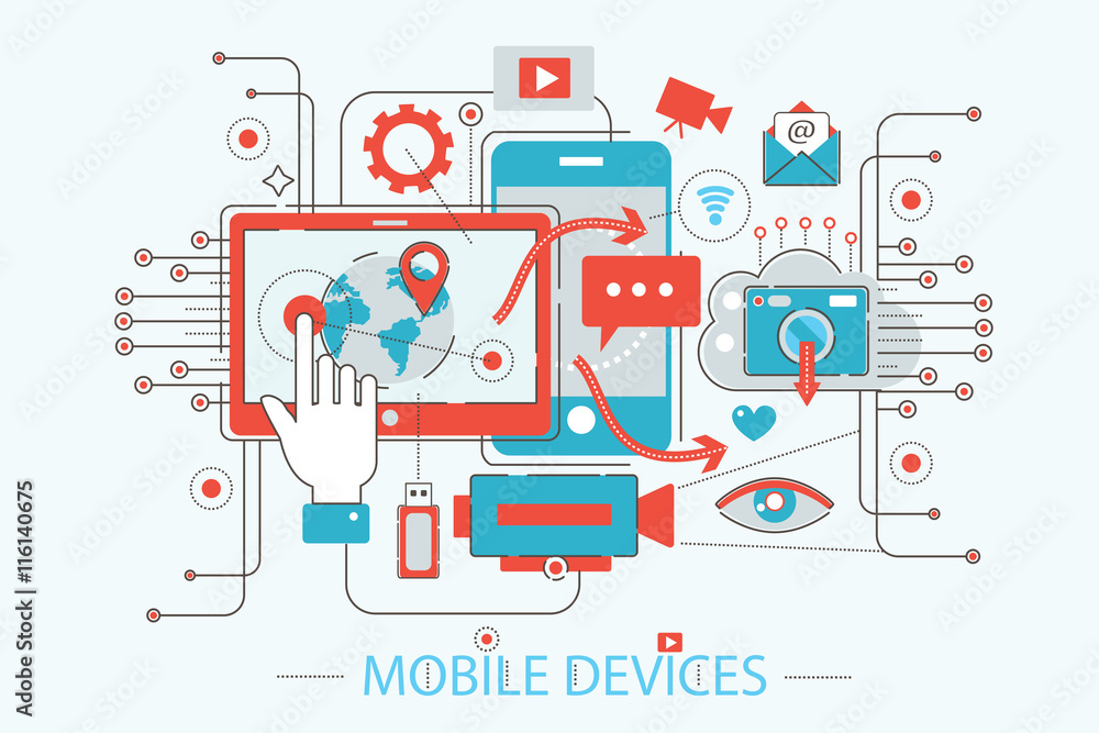 Poster modern flat thin line design technology mobile devices and gadgets concept for web banner website, p
