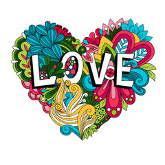 Doodle floral heart with Love lettering for Valentines day card. Vector illustration