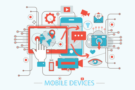 Modern Flat thin Line design technology mobile devices and gadgets concept for web banner website, presentation, flyer and poster.