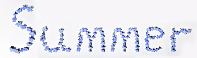 Letters made of flowers. Blue forget-me-nots. Summer time.