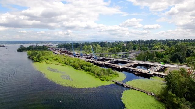 Aerial View of the 520 Floating Bridge and Marsh Island, Foster Island Over Lake Washington