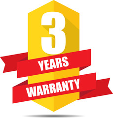 3 Year Warranty Promotional Sale Yellow Sign, Seal Graphic With Red Ribbons. A Specified Period Of Time.