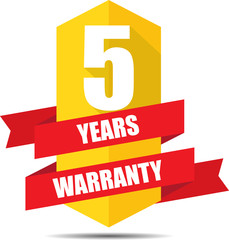 5 Year Warranty Promotional Sale Yellow Sign, Seal Graphic With Red Ribbons. A Specified Period Of Time.
