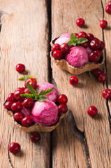 Ice Cream sour cherry, summer sundae with fresh fruits on wooden background. 