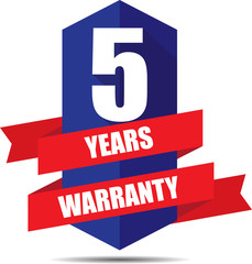 5 Year Warranty Promotional Sale Blue Sign, Seal Graphic With Red Ribbons. A Specified Period Of Time.