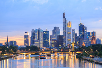 view of Frankfurt am Main skyline at dusk - obrazy, fototapety, plakaty