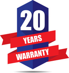 20 Year Warranty Promotional Sale Blue Sign, Seal Graphic With Red Ribbons. A Specified Period Of Time.