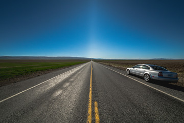 Fototapeta premium American highway horizon, lonely road and field.