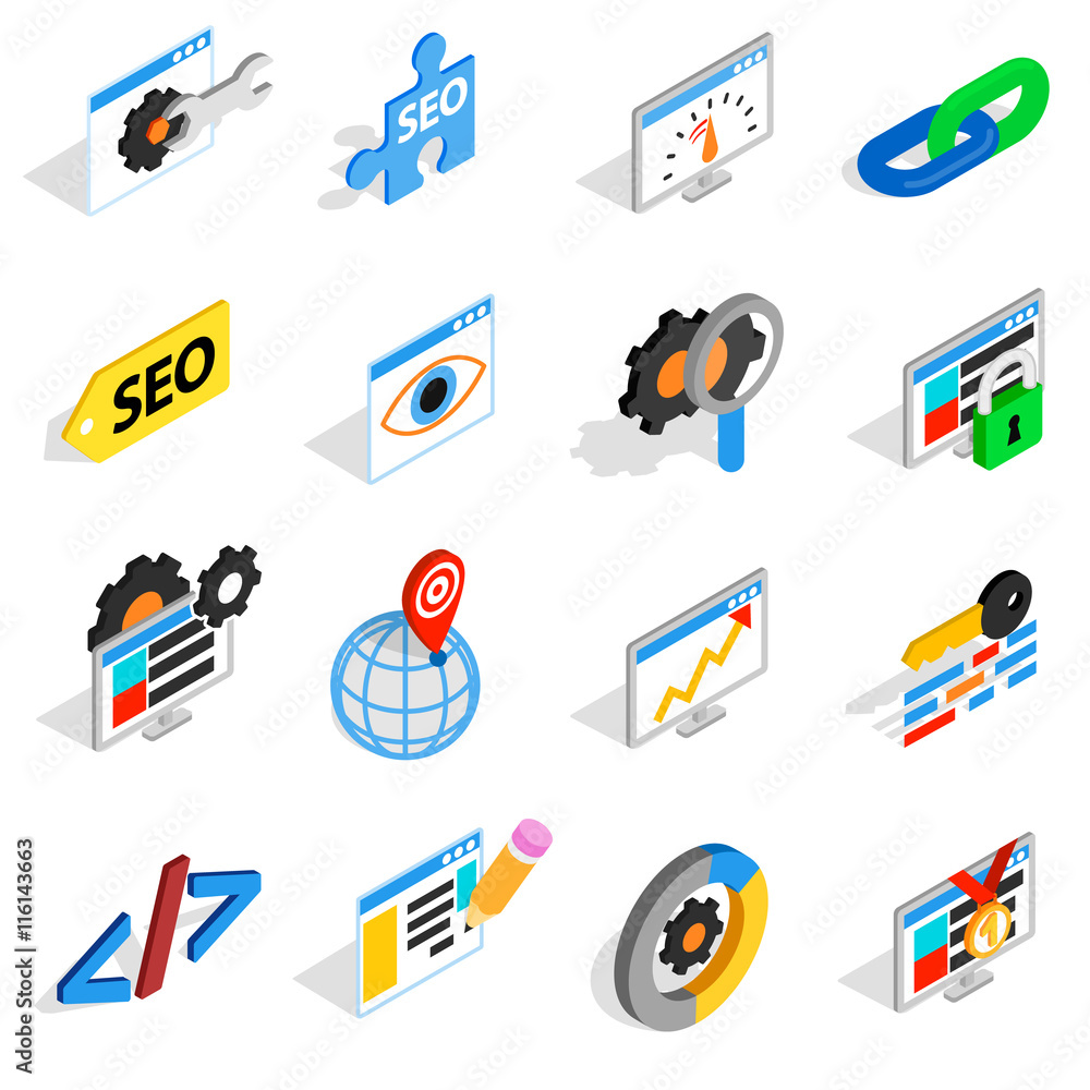 Aufkleber seo icons set in isometric 3d style. web set collection isolated vector illustration