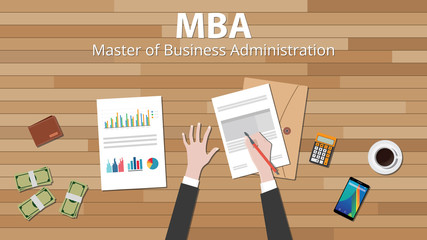 mba master of business administration with businessman hand work on some paper document on top of the wood table