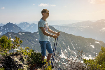 man walks in the mountains