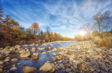 beautiful mountain river in autumn forest