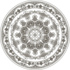 Drawing of a abstract vector with floral round lace mandala, decorative element in ethnic tribal style, black line art on a white background