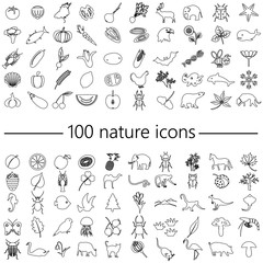 one hundred nature theme outline icons big set eps10
