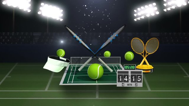 Floating tennis icon, racket, ball, tennis court.