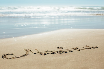 The inscription on the sand seashore. The name is written on the wet sand of the sea.
