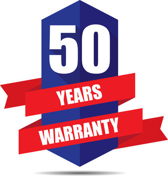 50 Year Warranty Promotional Sale Blue Sign, Seal Graphic With Red Ribbons. A Specified Period Of Time.