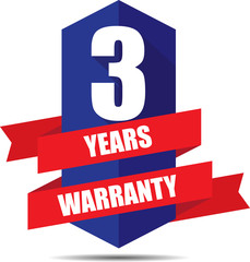 3 Year Warranty Promotional Sale Blue Sign, Seal Graphic With Red Ribbons. A Specified Period Of Time.