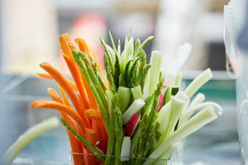 appetizer of fresh cucumbers, carrots, asparagus