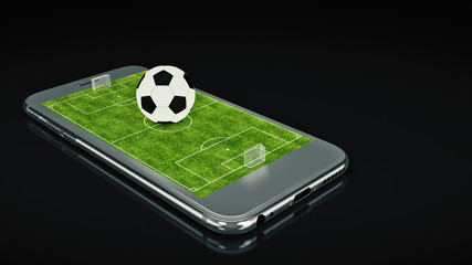 Mobile soccer. Football field on the smartphone screen and ball. Online ticket sales concept. 3d rendering