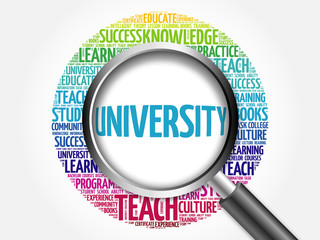 UNIVERSITY word cloud with magnifying glass, concept 3D illustration