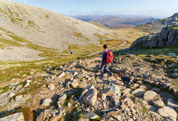 Naklejka premium A hiker walking down towards Esk Hause, Grains Gill from Scafell