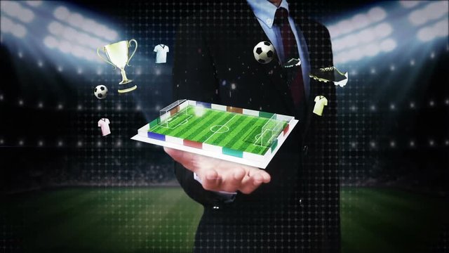Businessman open palm, Around Soccer icon, rotating football field, animation(included alpha)