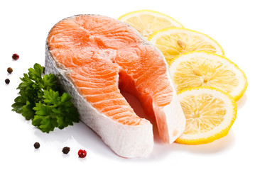 Fresh raw salmon fillet on white background 