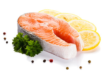 Fresh raw salmon fillet on white background 