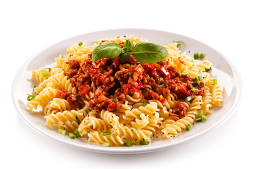 Pasta with meat, tomato sauce and vegetables 