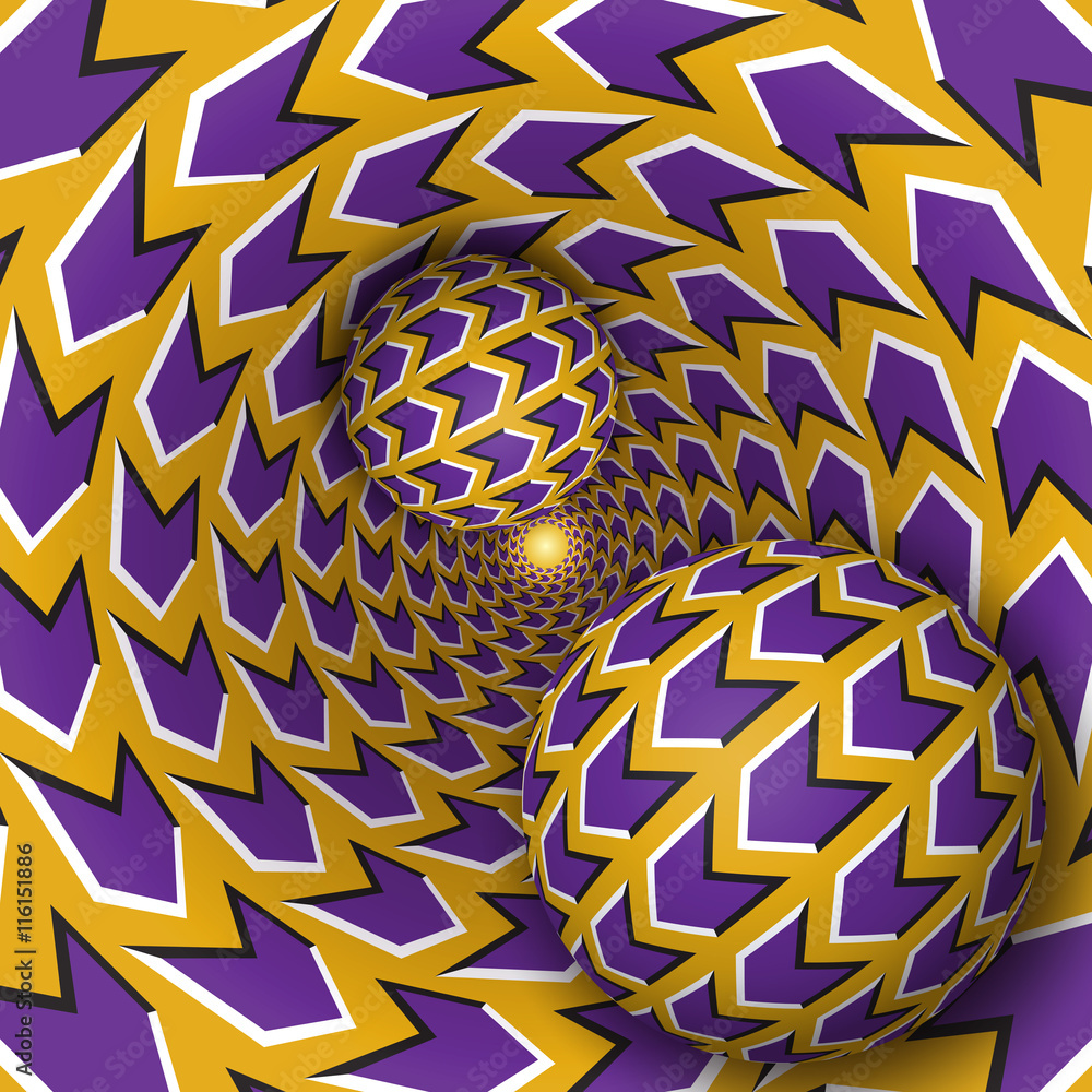 Aufkleber optical illusion illustration. two balls are moving on rotating funnel. purple arrows on golden patt