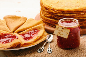 Stack of gluten free pancakes made from corn flour .