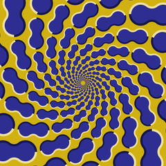 Optical illusion background. Blue shapes fly apart circularly from the center on yellow background.