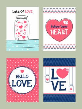 Set of doodle style Love Cards with hearts.