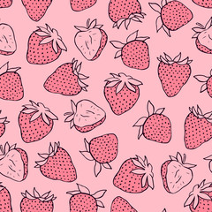 Pink strawberries seamless pattern design. Vector seamless texture for wallpapers, pattern fills, web page backgrounds