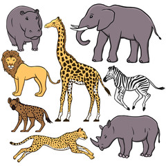 Set of African animals: hippopotamus, elephant, lion, giraffe, zebra, hyena, cheetah, rhino