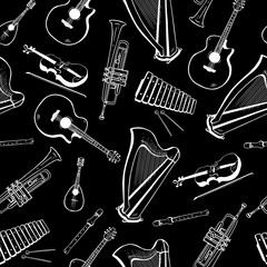 Seamless pattern with musical instruments: acoustic guitar, harp, mandolin, xylophone, trumpet, flute, violin